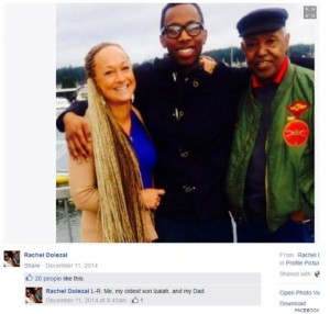 Rachel's facebook picture identifying a black man as her son and another as her Dad.