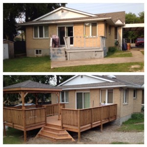 before photo on top shows small balcony-sized light gre deck. After shows large 16 x 16 deck with cascading staircase and a gazebo with a roof that matches the house