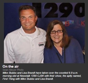 Myself and Mike Stubbs, a younger, fresh-faced smiling guy, posing in front of the 1290 CJBK logo