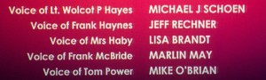 A snip of 6 credits taken from my TV screen, showing my name in "role of Mrs. Haby"