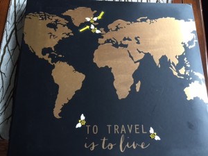 Black 12 x 12 inch cover with gold countries laid out like a map. Stickers of bees surround Iceland and the title, To Travel is to Live.