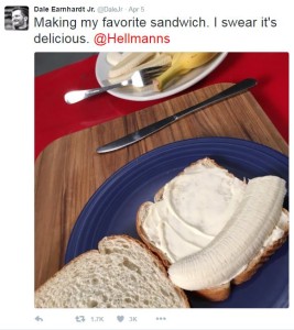 screen capture of Dale Earnhardt Jr.'s tweet including a photo of his sandwich-making