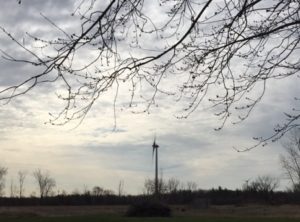 photo of a field with a turbine in the next field