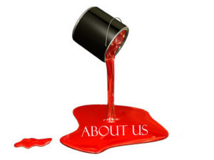 Can of paint pouring red onto the floor and the words, About us, appear in the paint.