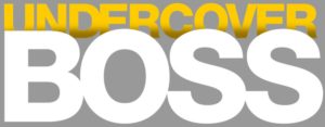 logo for undercover boss has both words in capital letters, undercover in yellow and smaller and boss in white and huge