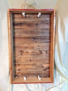 slightly shiny, large pallet wood tray with rope handles