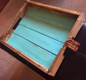 wooden tray with bottom painted sky blue