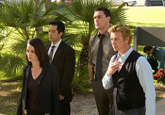Four of the principal cast members of The Mentalist in character - Lisbon, Cho, Rigsby and Patrick Jane. 