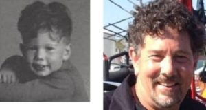 At left, Derek at about age 4 in black and white with short curly hair. At right, Derek today in full colour with short curly hair.