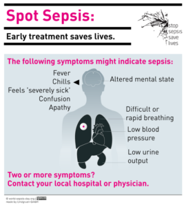 Chart says to call an ambulance if you experience two or more symptoms: fever, chills, feeling "severely sick", confusion, apathy, altered mental state, difficult or rapid breathing, low blood pressure, low urine output.