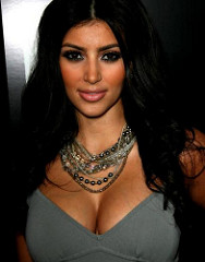 closeup of Kim Kardashian, with strings of jewels around her neck and lots of cleavage