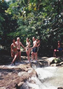 Me peeking out from a bunch of people holding hands - as we were instructed to do - to climb the waterfall at Ocho Rios