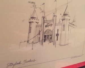 Detailed pencil sketch of Storybook Gardens' entrance