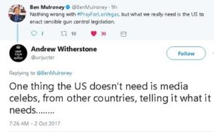 Tweek from Ben Mulroney suggests it's time for gun control in the US. Reply says Americans don't need Canadian TV celebrities telling them what to do.