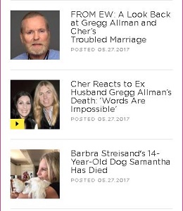 Top two stories refer to the death of Gregg Allman followed by a story about Barbra Streisand's dog dying
