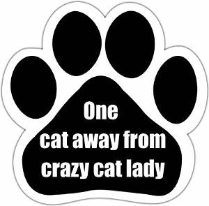 magnet shaped like a paw that says One cat away from crazy cat lady