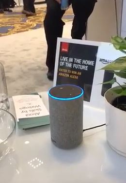 still shot of the Amazon Echo at the Witlingo display at CES with a little sign about voice-first and a booklet about using Alexa for your business