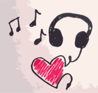 doodle of musical notes and a set of headphones plugged into a heart