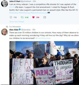 Tweet from an Army Veteran calling on other Veterans to support banning assault rifles. And a tweet from Alan Alda asking how many more students have to die and go to class in fear before something is done. He includes a photo from the Los Angeles march showing a gathering of students holding signs. One reads Thought and Prayers are not enough.