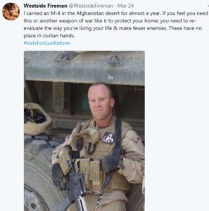 Tweet from an Army Veteran including a photo of him in the desert holding an AR-15. He lists the training he's had and says this gun should never be in civilian hands. He says, if you think you need it to protect your home you need to reevaluate your life.