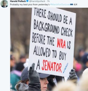 Picture of a student at a march holding up a sign that reads: There should be a background check before the NRA is allowed to buy a Senator.