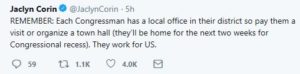 Tweet from the organizer of the March, Jacklyn Corin, reminding everyone that each congressman has a local office in his/her hometown and they're home from Washington for the next two weeks because Congress isn't sitting.