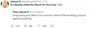 Fox News Host tweets that marching against the NRA isn't a solution. "March FOR something". A teenager replies, "It's literally called the March FOR Our Lives"