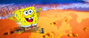 Spongebob Squarepants running happily on a beach