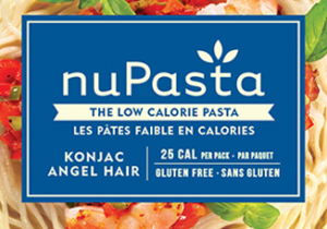 close-up of a package of nuPasta. Blue label shows it's Konjack Angel Hair pasta with 25 calories, high fibre, gluten free