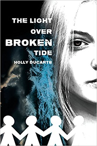 Book cover is grey-scale with a bit of blue and half the face of a teenage girl with a line of paper dolls at the bottom