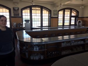 young woman in a sweatshirt and jeans points to the lunch counter in the shape of two Us. Low stools snake alongside the counter and cups and saucers etc are visible in shelving