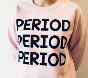 pink crew-neck sweatshirt has the word PERIOD in bold, capital letters, three times