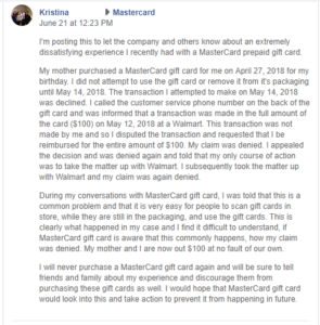 Facebook post tells the story of how Kim bought her daughter Kristina a $100 Mastercard from Walmart but because someone had already stolen the bar code, it was marked "used" when she tried to use it. Mastercard and Walmart both denied her claim of fraud.