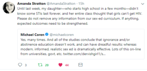 Tweet from Amanda Stratton mentions how her teen daughter didn't know you could get some STIs that stay with you for life. Michael Coren agrees with her and says a lack of information never works