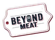 Beyond Meat logo is the words in bold black with a red outline and a fork in the O