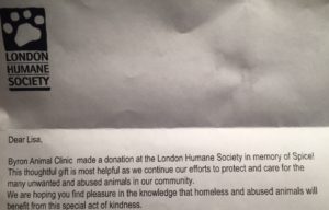 letter from the London Humane Society letting us know that our vet clinic made a donation to them in Spice's memory