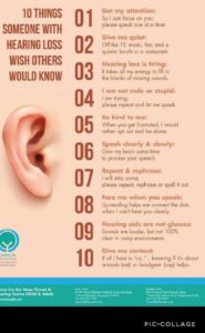 hearing meme has a list of 10 things the hearing impaired would like you to know including facing the person when you're talking, offering context in the conversation, and not covering your mouth