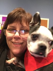 me in a selfie with black and white Boston Terrier Bella