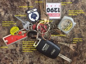 My keychain splayed out with captions explaining each item. Car keys, house keys, garage and shed keys, a 1290 fob, a small tape measure I won with Mike Holmes at the Home Show, a small flashlight, a 45 centre, a token to use instead of a quarter in a grocery cart, a small Eiffel Tower my brother gave me, a Toronto Maple Leaf thing that says Jack (it was my Dad's) and Joe Elliot from Def Leppard in a fob I got from donating to a movie he starred in.