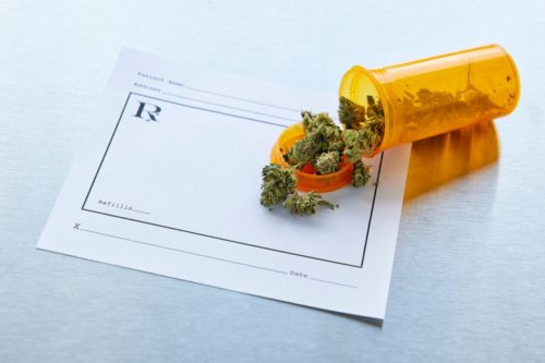 Prescription bottle of pot spilled out onto a prescription pad