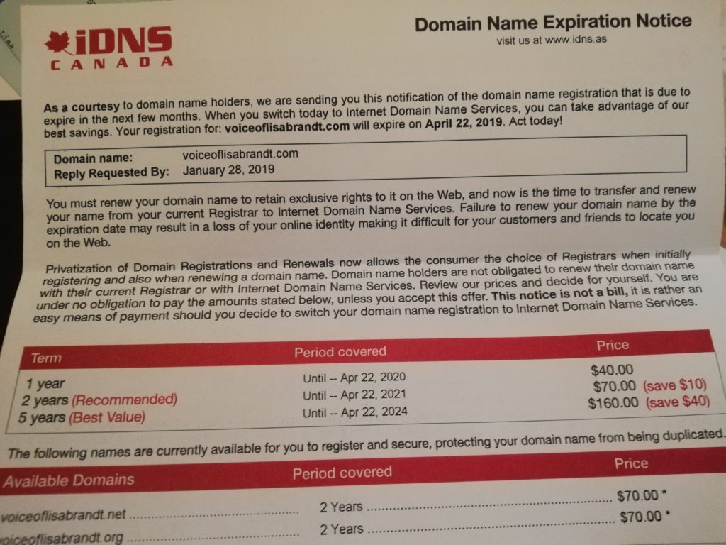 Well done letter that looks official. IDNS Canada tells me my website domain will expire and might be taken offline if I don't pay a renewal fee