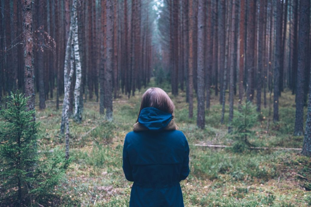 The back of a woman as she stands, seemingly wondering whether to walk into the woods