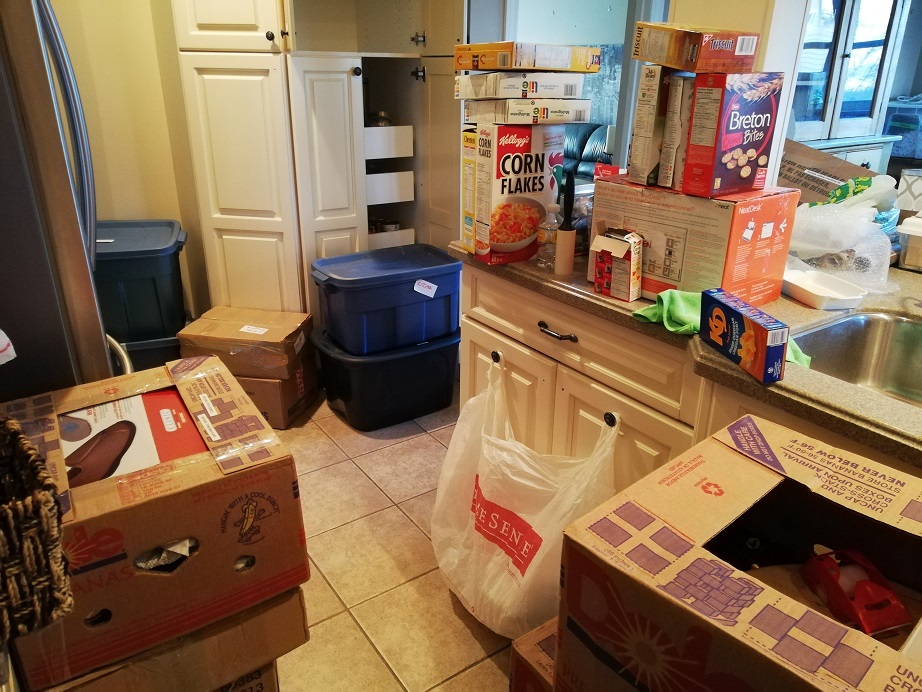 kitchen in chaos - boxes of cereal stacked on the counter, full boxes and totes stacked around and the pantry door open with a few things put away inside