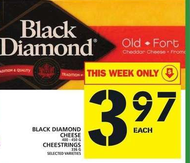 snip from the Food Basics flyer showing 400g packages of Back Diamond cheese are $3.97 each