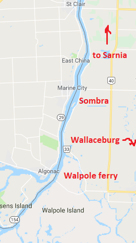 Map showing Walpole island at the bottom - south - end; Wallaceburg is southeast, Sombra is north of Walpole and an arrow shows that Sarnia is north, although not seen on the map
