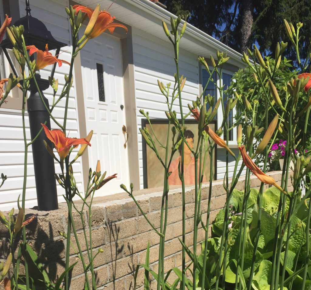 Painting of Mom peeking out off our front deck between tall day lillies. 