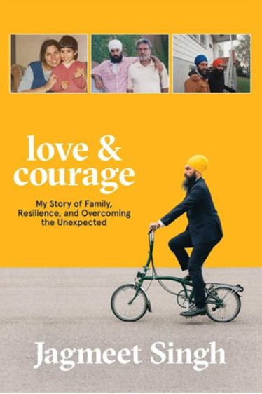 cover of Jagmeet Singh's book features a band of yellow in which he is riding a bike wearing a grey suit and a yellow turban