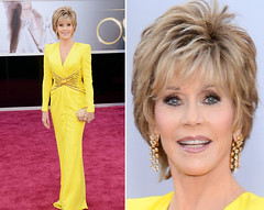 splitscreen photos of Jane Fonda - on the left, a full body shot of her in a long, yellow gown. On the right, a close-up of her, smiling