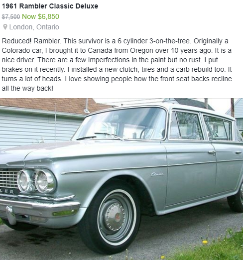 Derek's Facebook ad for his light blue 1961 Rambler Classic Deluxe - price reduced to $6850.