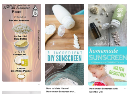 a screenshot of beautiful photos and ingredients lists for homemade sunscreens from Pinterest